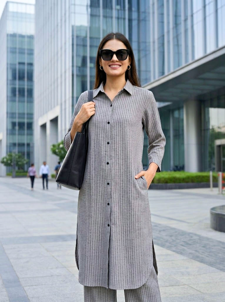 Grey Woven Stripe Cotton Linen Co-Ord Set