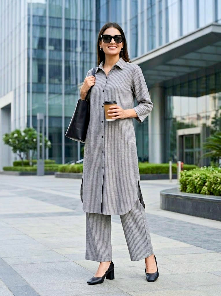 Grey Woven Stripe Cotton Linen Co-Ord Set