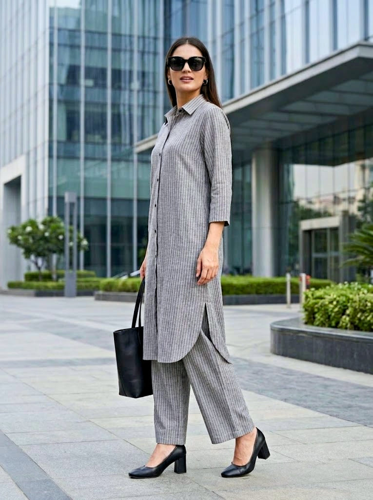 Grey Woven Stripe Cotton Linen Co-Ord Set
