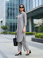 Grey Woven Stripe Cotton Linen Co-Ord Set