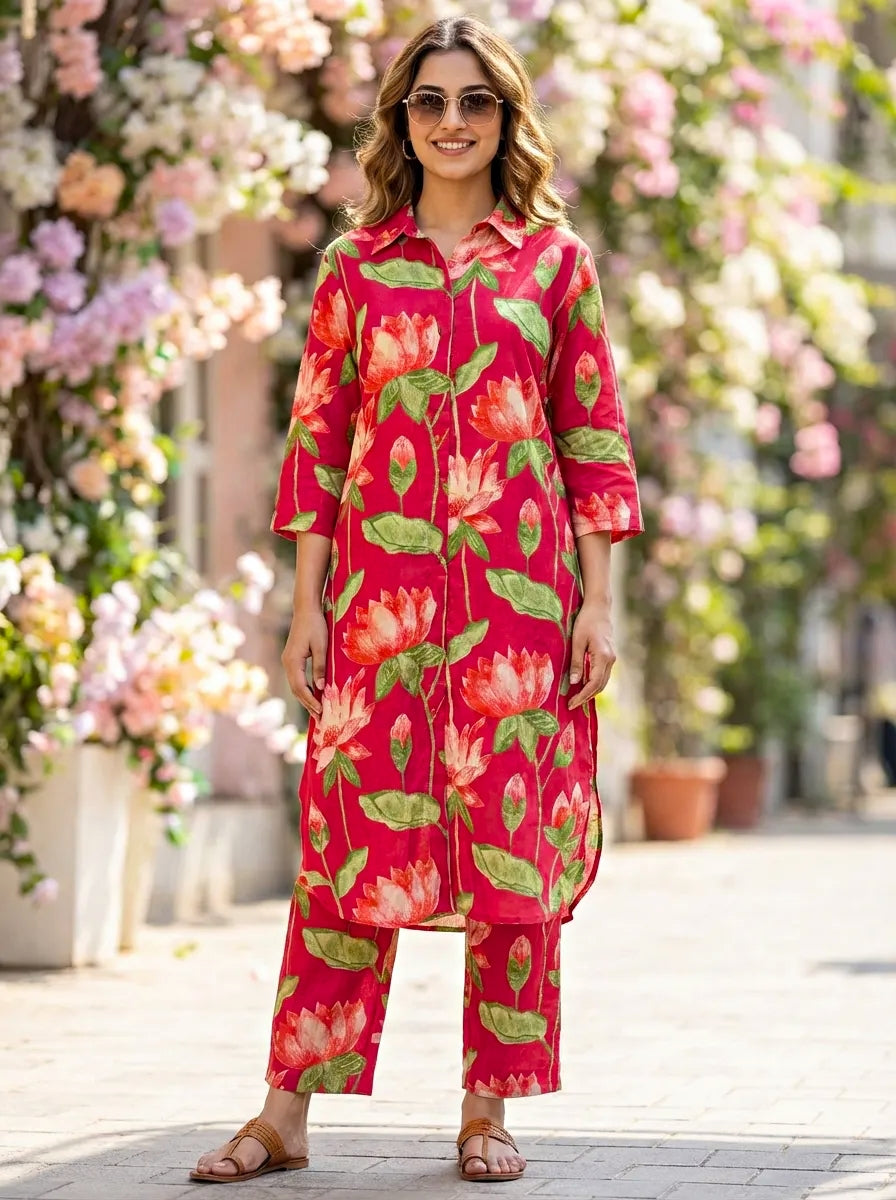 Woman wearing a hot pink red floral coord set outfit standing in a decorative outdoor setting with flowers.