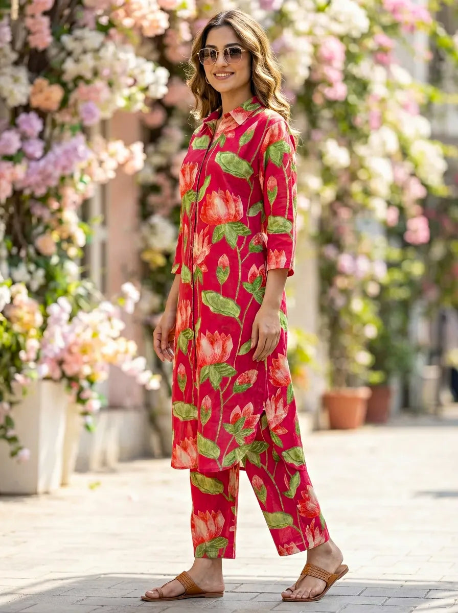 Woman wearing a red floral kurta pant coord set standing in front of a floral archway.