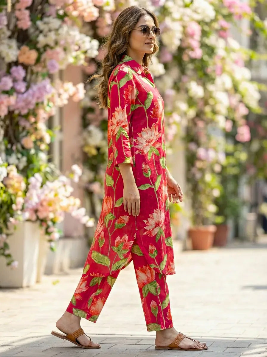 Woman in a hot pink floral coord set outfit walking outdoors with flowers in the background
