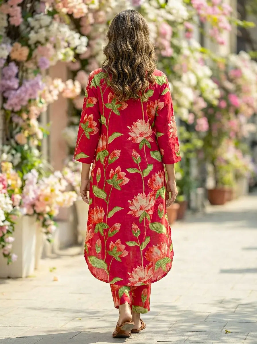 Woman in a hot pink floral coord set dress walking through a flower-lined path