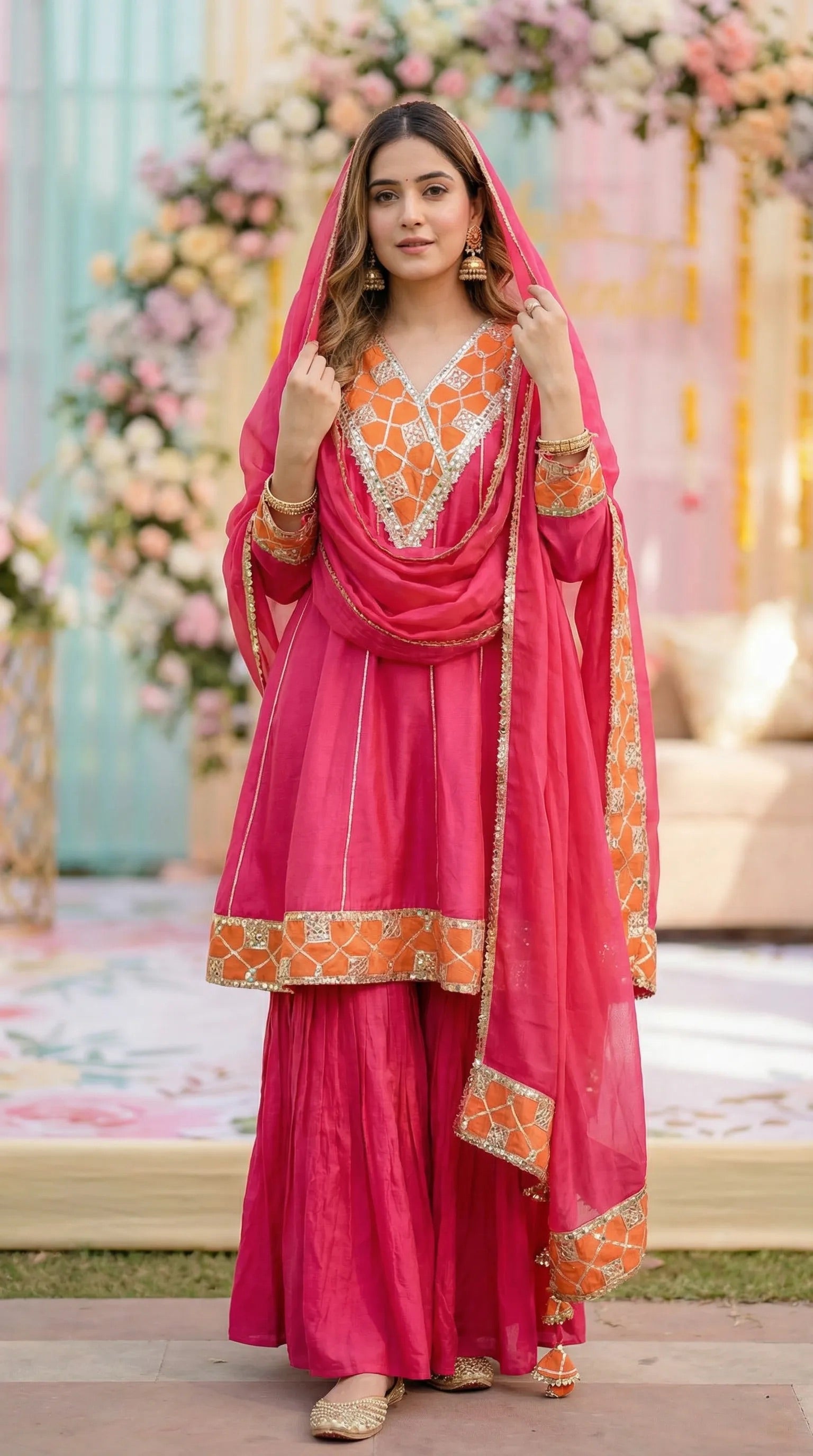 Woman in vibrant hot pink Anarkali sharara set with gota sequin and mirror work, Karchobi fashion