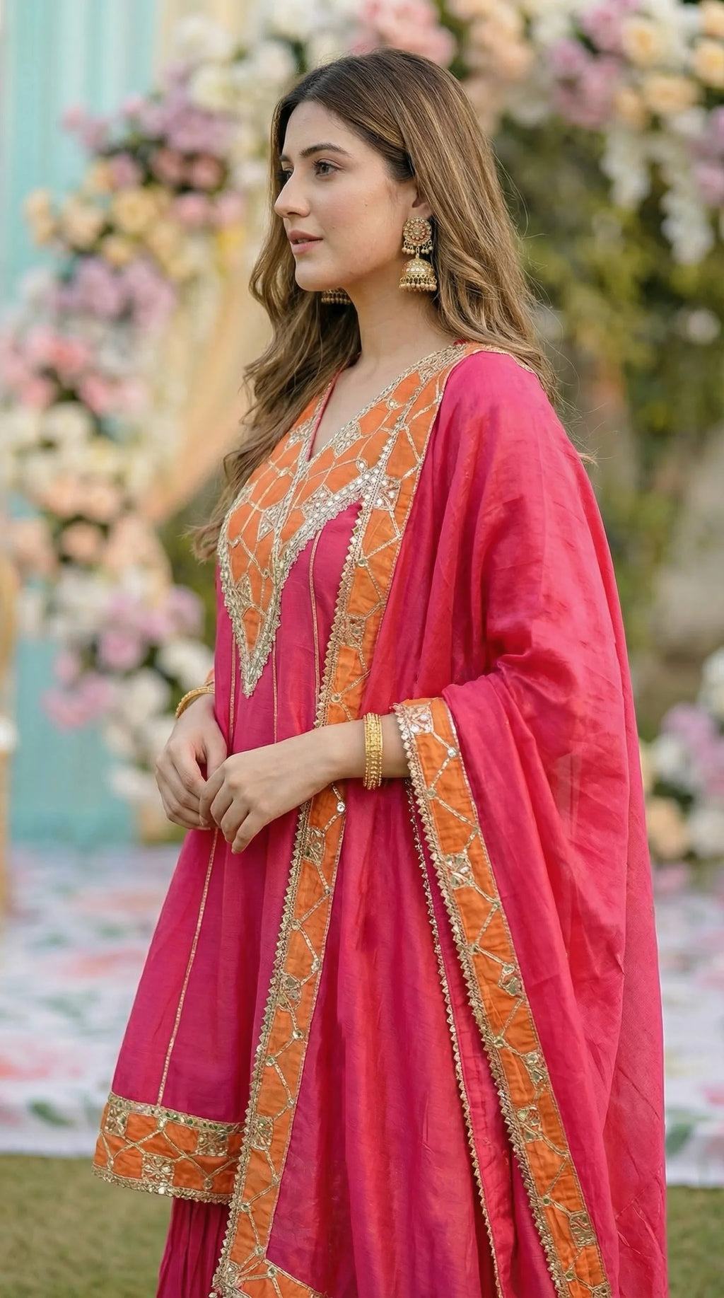 Woman in hot pink Anarkali sharara set with gota, sequin work, and mirror details from Karchobi