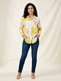 Ivory and yellow floral crepe shirt by KARCHOBI with pastel floral print, casual and work wear suitable for women.