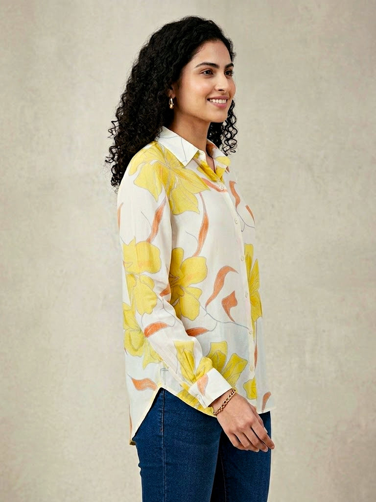 Ivory and yellow floral crepe shirt by KARCHOBI with pastel floral print, casual and work wear suitable for women.
