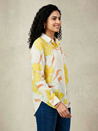 Ivory and yellow floral crepe shirt by KARCHOBI with pastel floral print, casual and work wear suitable for women.