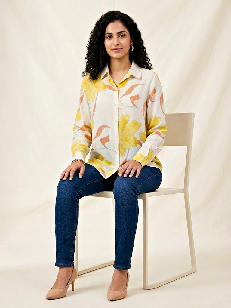 Ivory and yellow floral print crepe shirt by KARCHOBI, casual workwear with pastel floral design and comfortable fit.