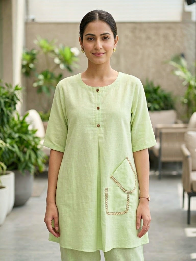 KARCHOBI Lemon Green linen slub co-ord set with jute lace detailing, featuring pleated Afghani salwar and casual wear style.