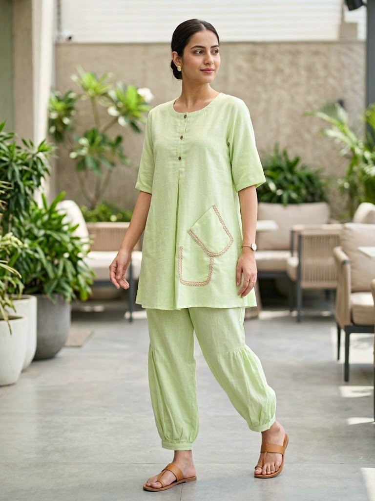 KARCHOBI lemon green linen slub co-ord set with jute lace trims and pleated Afghani salwar for casual wear.