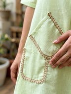 KARCHOBI lemon green linen slub co-ord set with jute lace trims, featuring pleated Afghani salwar and casual wear style.