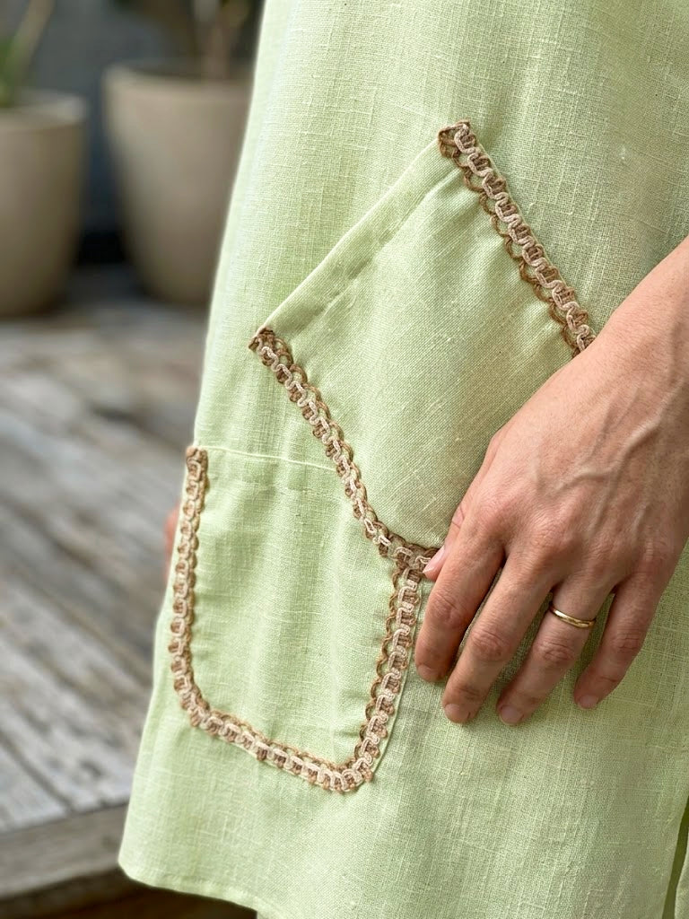 KARCHOBI lemon green linen slub co-ord set with jute lace trims, featuring pleated Afghani salwar and casual wear style.