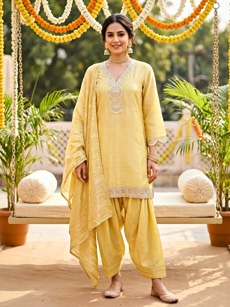 Lemon yellow shimmer tissue Farsi Salwar suit set with sequin lace from KARCHOBI, featuring traditional festive wear design.