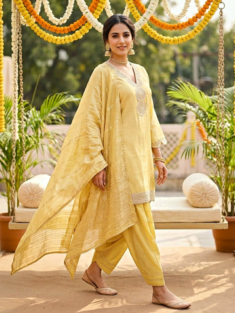 Lemon yellow shimmer tissue Farsi Salwar suit set with sequin lace detailing, traditional festive wear by KARCHOBI.