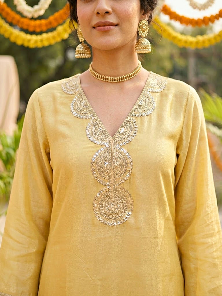 Lemon yellow shimmer tissue Farsi Salwar suit set with sequin lace from KARCHOBI, featuring intricate embroidery and festive design.