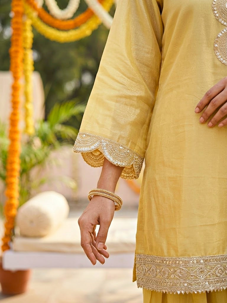 Lemon yellow shimmer tissue Farsi salwar suit set with sequin lace detailing, traditional festive wear by KARCHOBI.