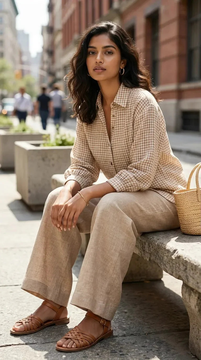 Woman in light brown beige linen checks shirt co-ord set by Karchobi, sitting outdoors.