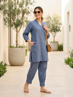 Denim Blue Modal Slub Kurta & Pleated Afghani Co-Ord Set