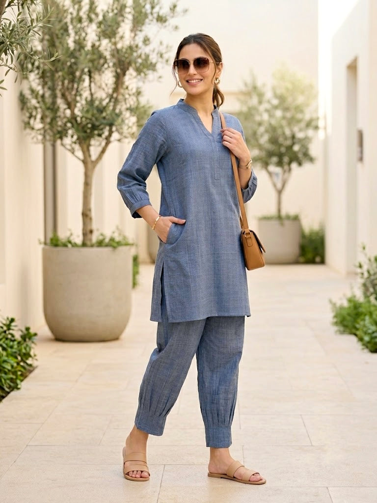 Denim Blue Modal Slub Kurta & Pleated Afghani Co-Ord Set