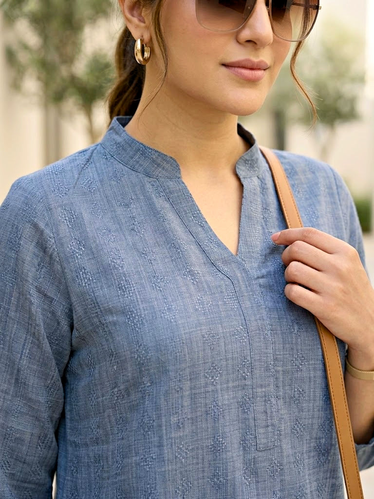 Denim Blue Modal Slub Kurta & Pleated Afghani Co-Ord Set