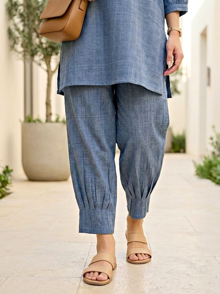 Denim Blue Modal Slub Kurta & Pleated Afghani Co-Ord Set