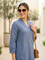 Denim Blue Modal Slub Kurta & Pleated Afghani Co-Ord Set