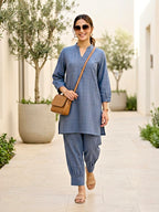 Denim Blue Modal Slub Kurta & Pleated Afghani Co-Ord Set