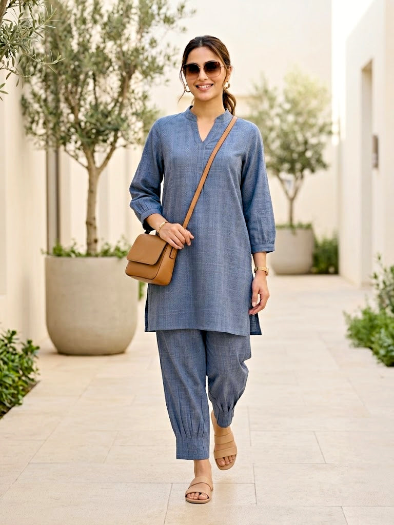 Denim Blue Modal Slub Kurta & Pleated Afghani Co-Ord Set