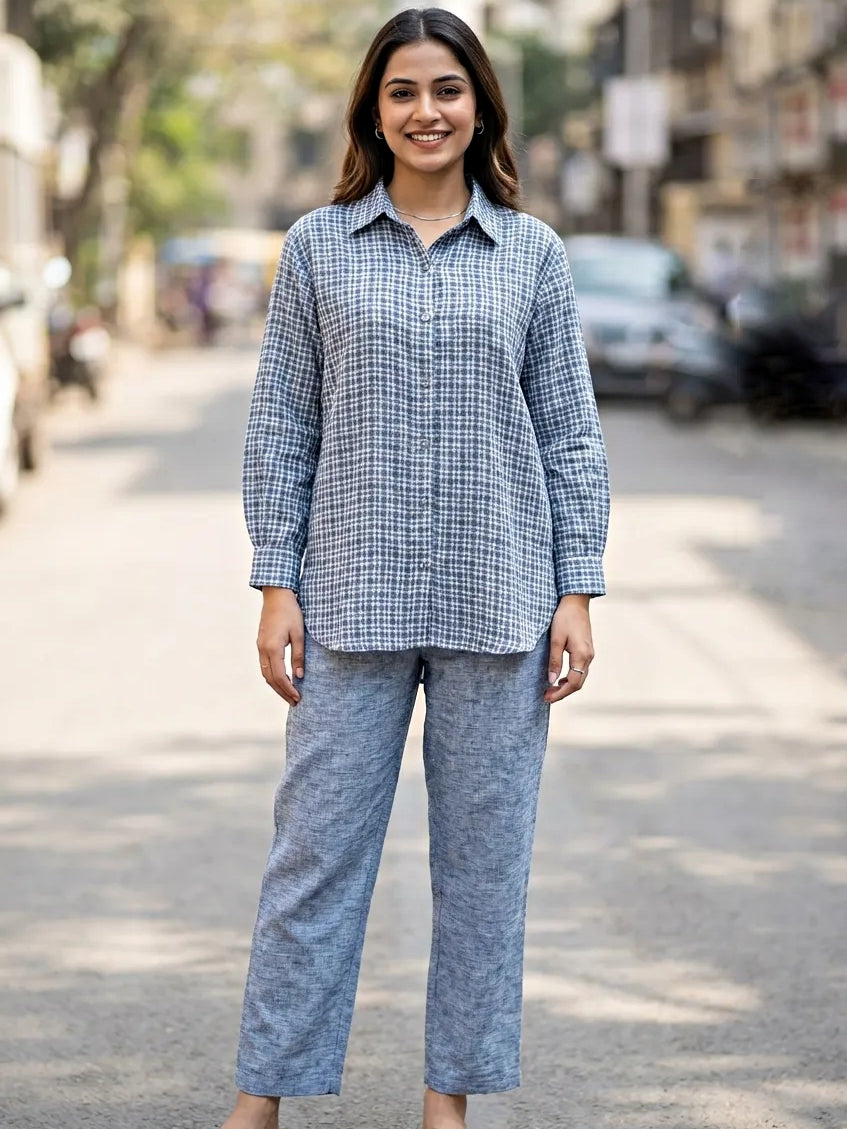 LIGHT BLUE LINEN COTTON SHIRT PANT CO-ORD SET