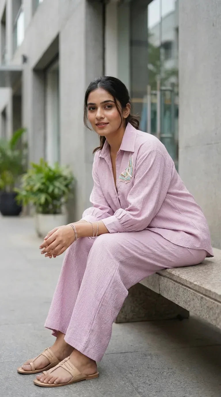 Woman wearing light lilac textured co-ord set with butterfly motif, seated outdoors in Karchobi fashion.