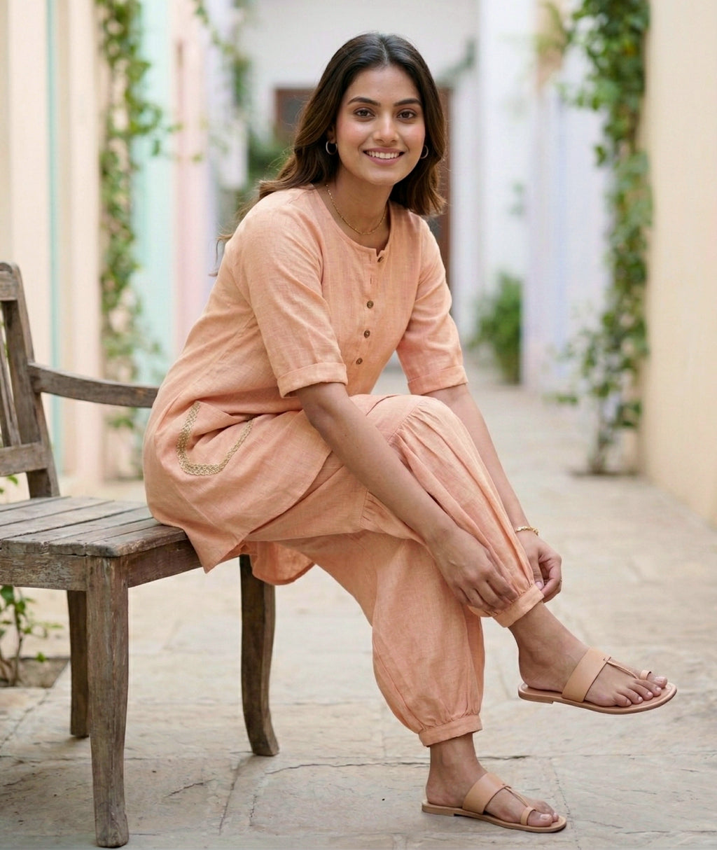 Light peach orange Afghani salwar co-ord set by Karchobi featuring a kurta and matching salwar for women.
