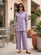 Karchobi lilac cotton linen abstract print shirt and pant co-ord set, stylish women’s matching top and bottoms ensemble