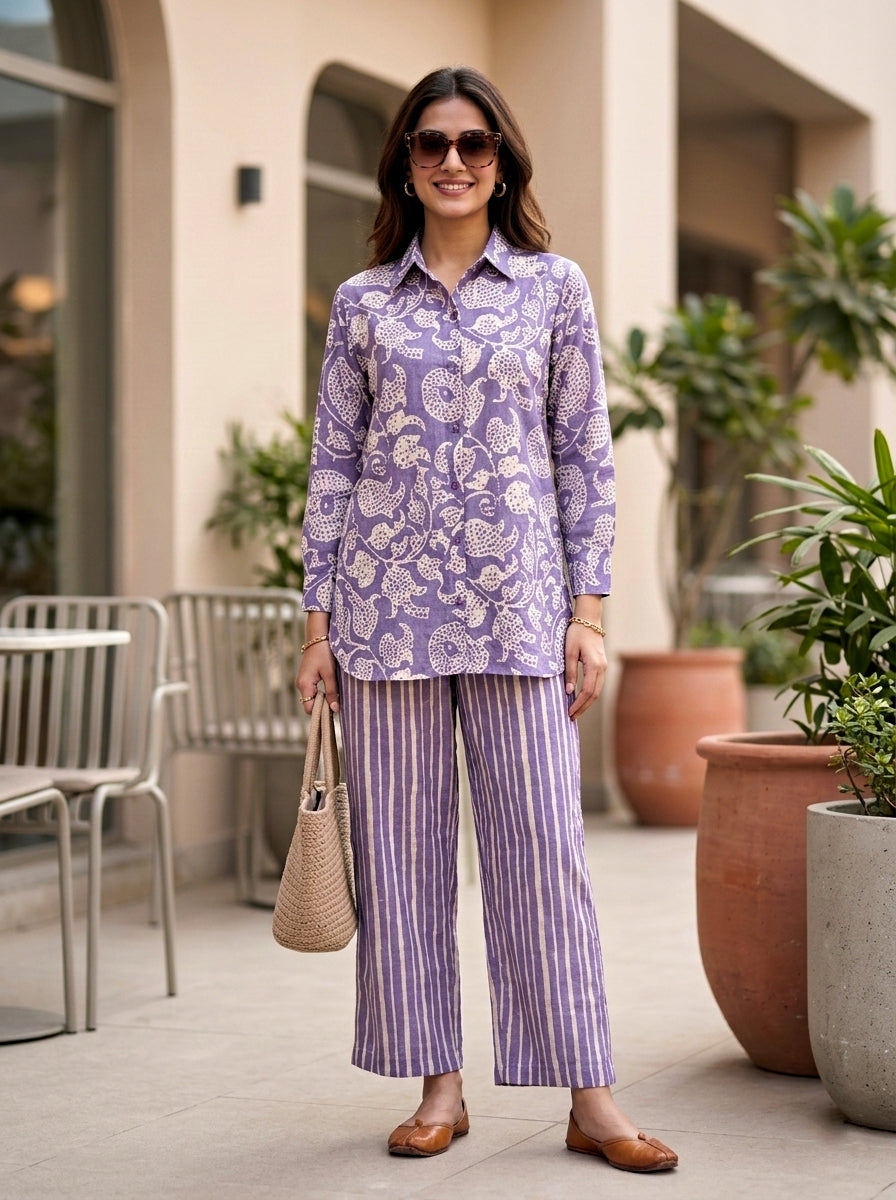 Karchobi lilac cotton linen abstract print shirt and pant co-ord set, stylish women’s matching top and bottoms ensemble