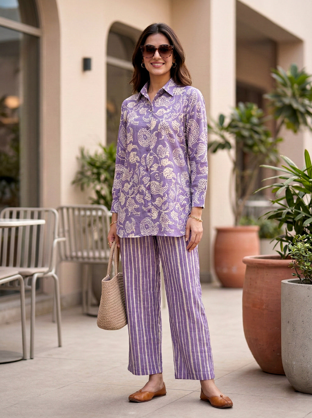 Karchobi lilac cotton linen abstract print shirt and pant co-ord set for women, stylish and comfortable matching outfit.