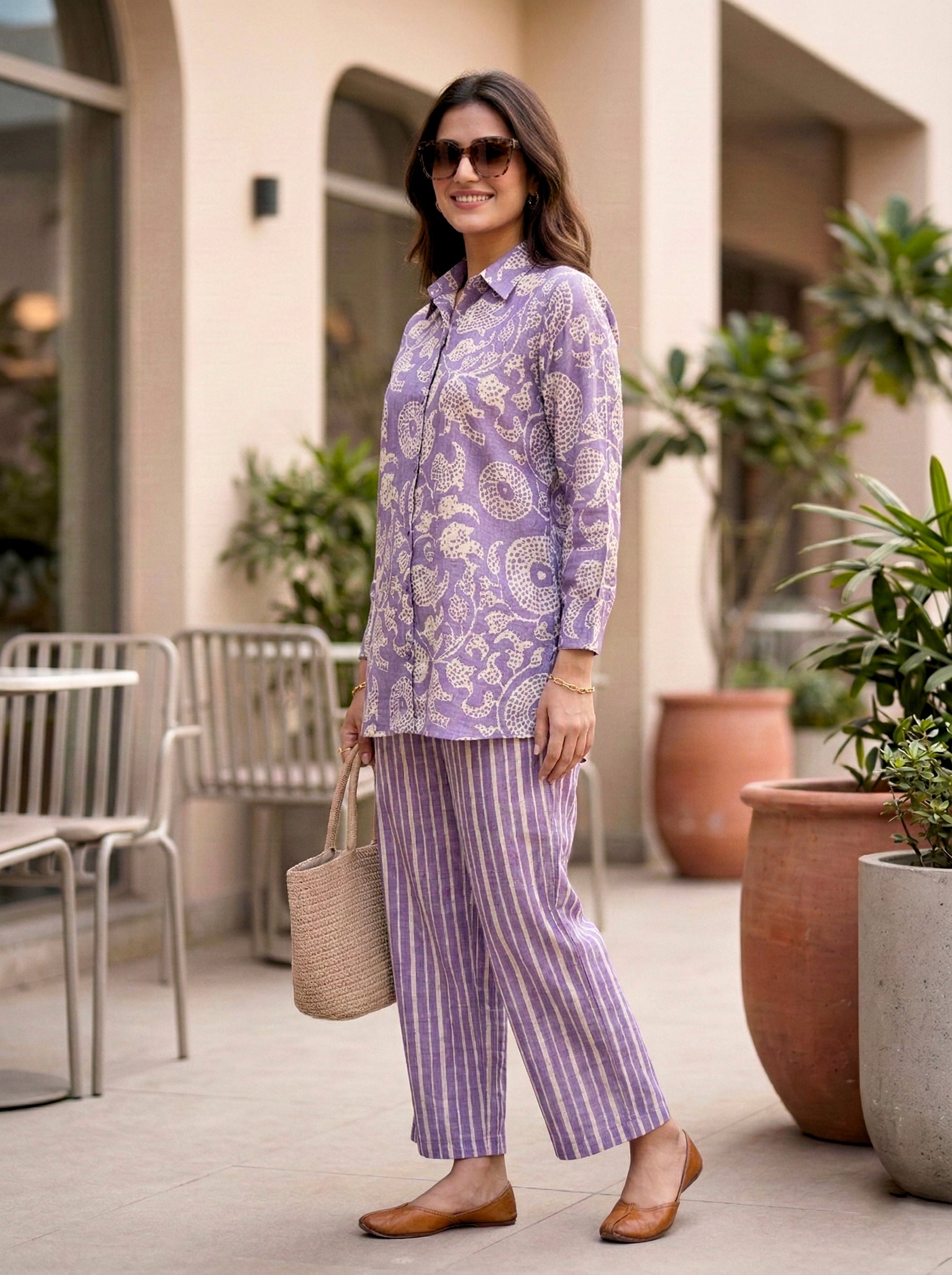 Lilac cotton linen abstract print shirt and pant co-ord set by KARCHOBI, featuring a stylish women's matching outfit.