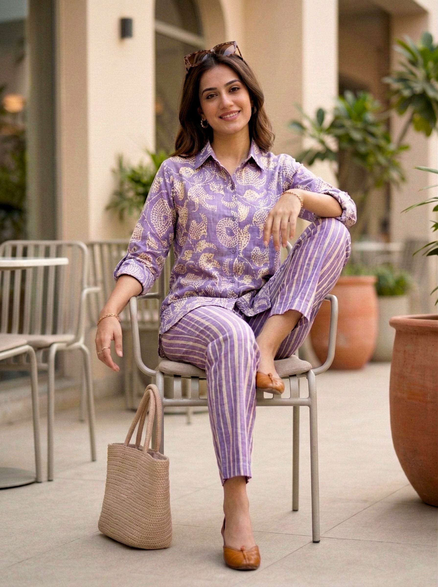 Lilac cotton linen abstract print shirt and pant co-ord set by KARCHOBI, featuring a relaxed fit and stylish design for women.