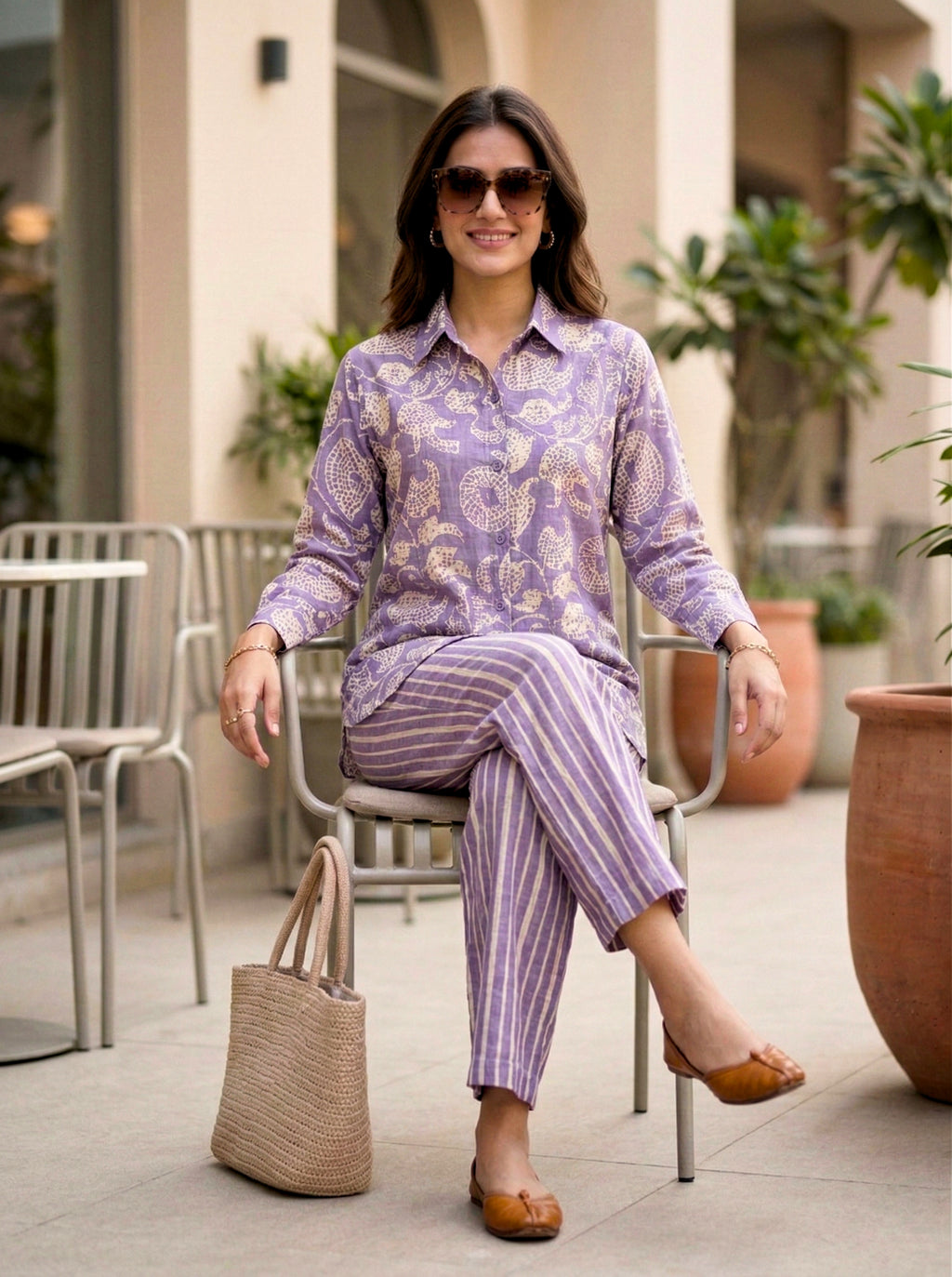 KARCHOBI lilac cotton linen shirt and pant co-ord set featuring an abstract print, perfect for casual or stylish wear.