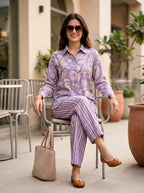 KARCHOBI lilac cotton linen shirt and pant co-ord set featuring an abstract print, perfect for casual or stylish wear.