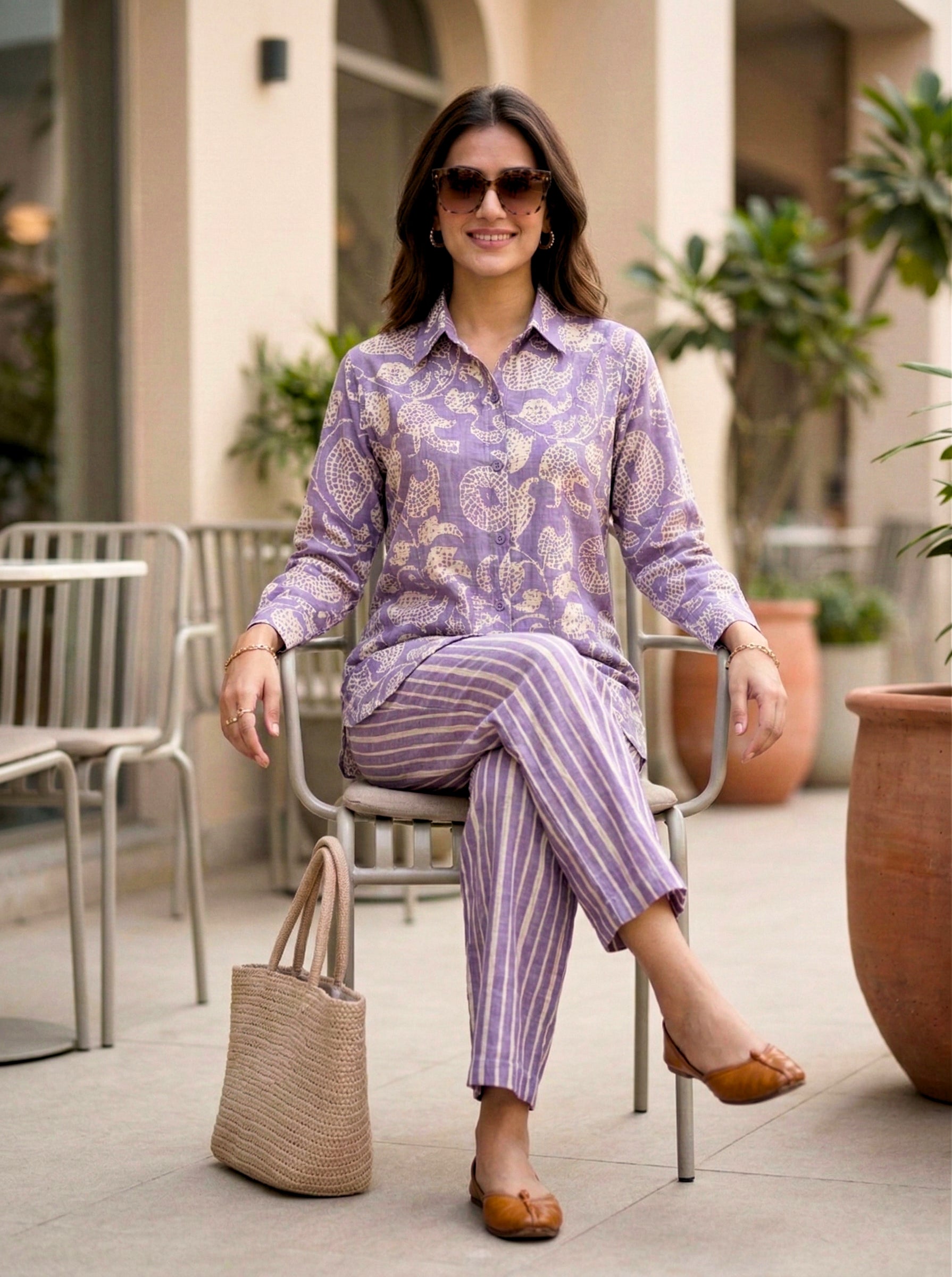 KARCHOBI lilac cotton linen shirt and pant co-ord set featuring an abstract print, perfect for casual or stylish wear.
