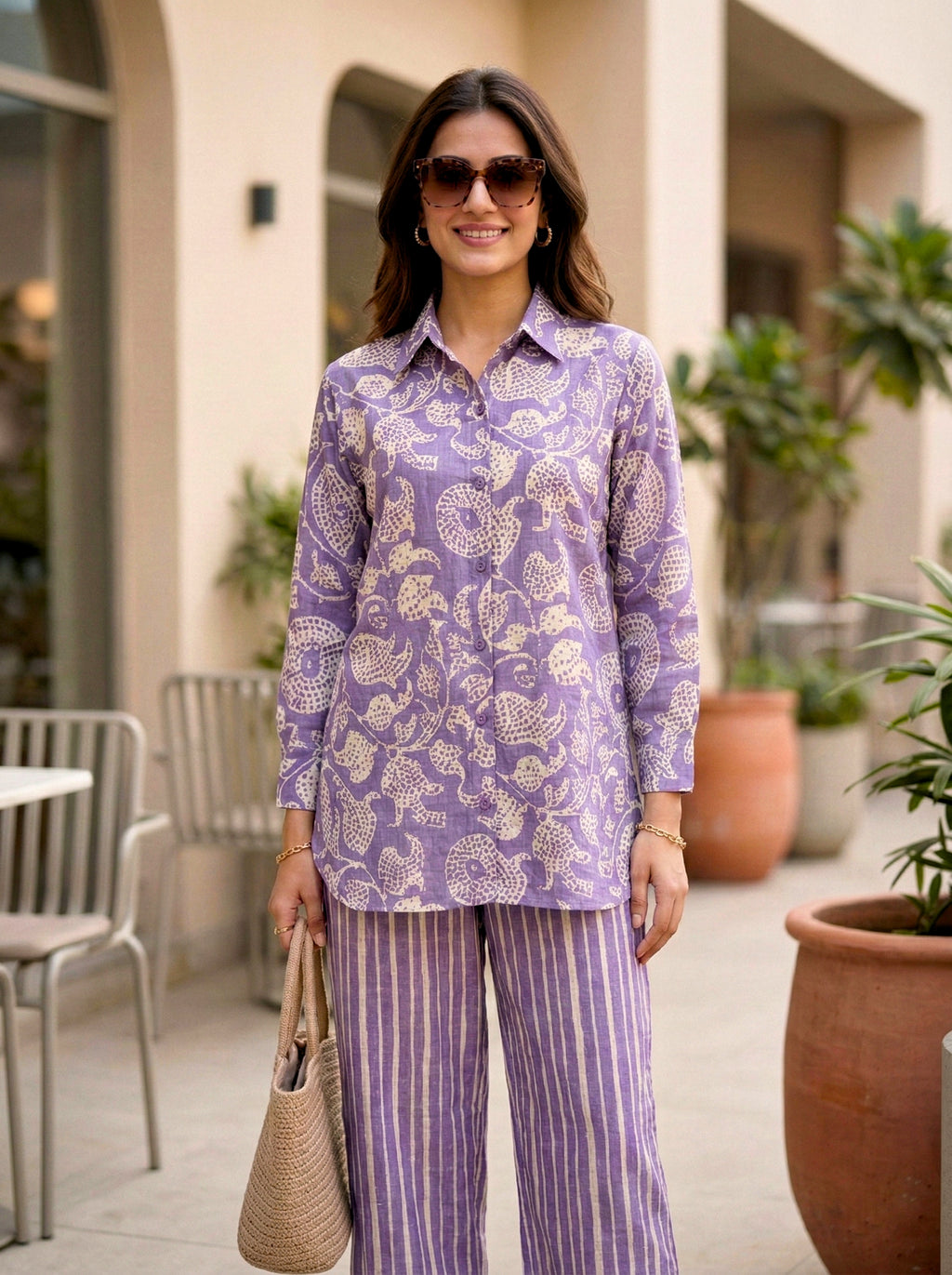Karchobi lilac cotton linen abstract print shirt and pant co-ord set for women, casual and comfortable fashion ensemble