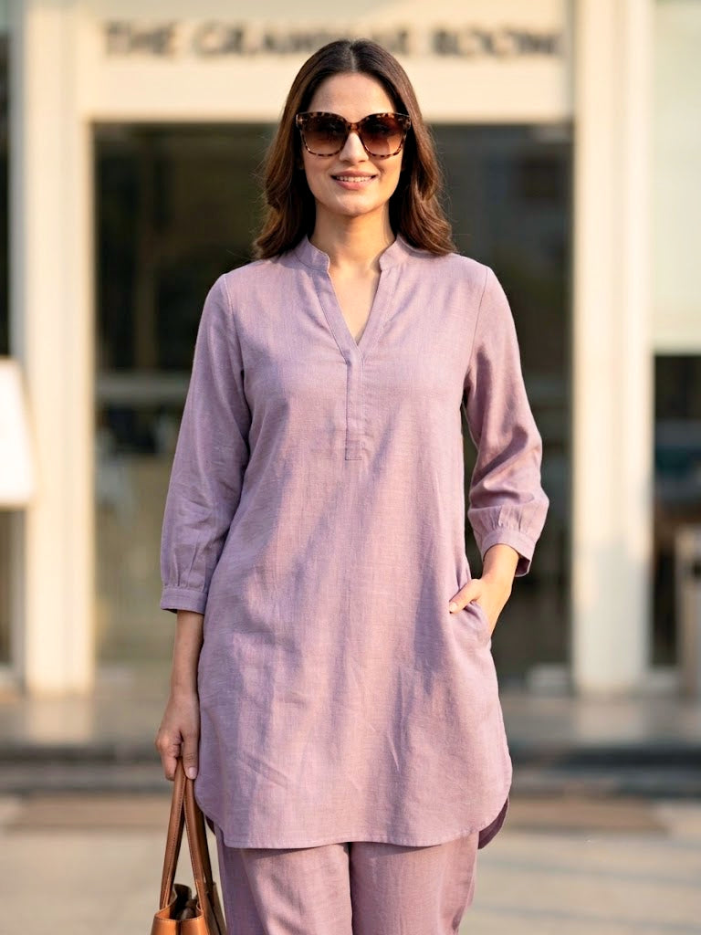 Lilac Modal Slub Kurta & Pleated Afghani Co-Ord Set