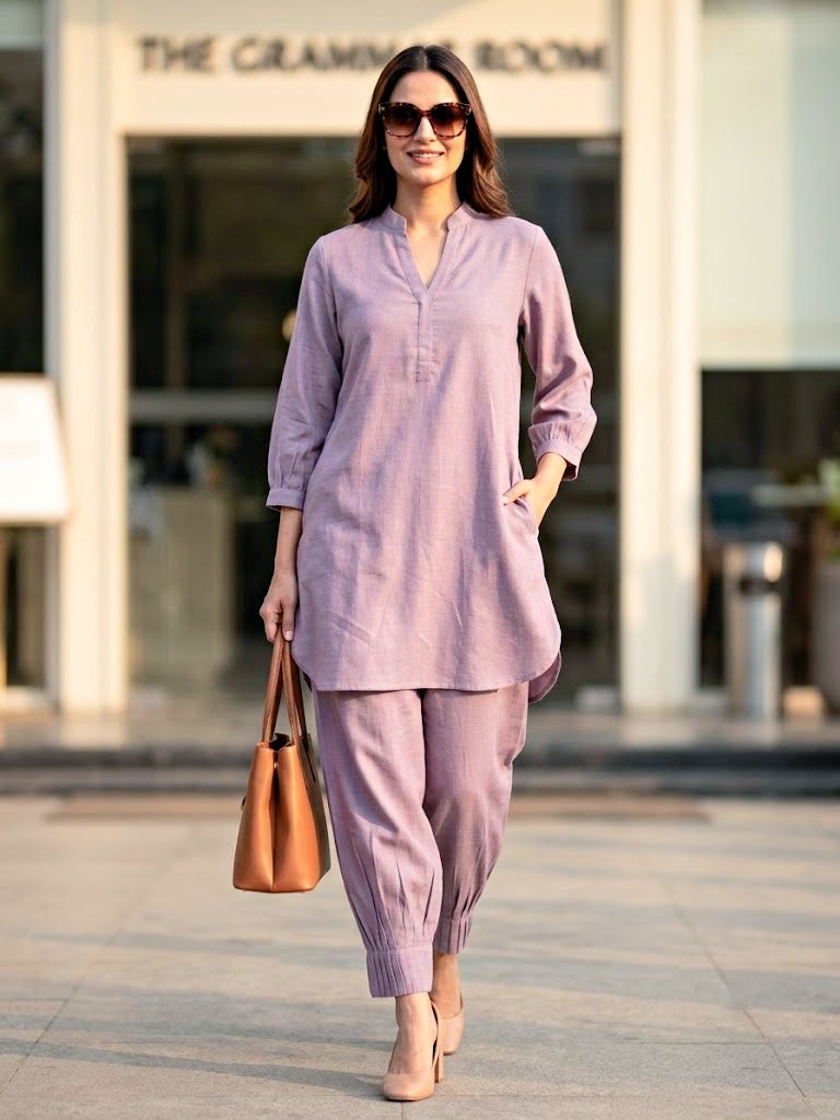 Lilac Modal Slub Kurta & Pleated Afghani Co-Ord Set