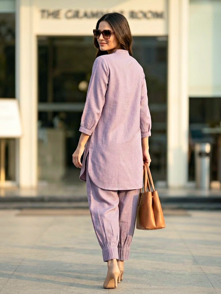 Lilac Modal Slub Kurta & Pleated Afghani Co-Ord Set