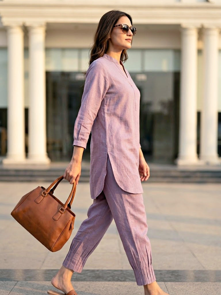 Lilac Modal Slub Kurta & Pleated Afghani Co-Ord Set