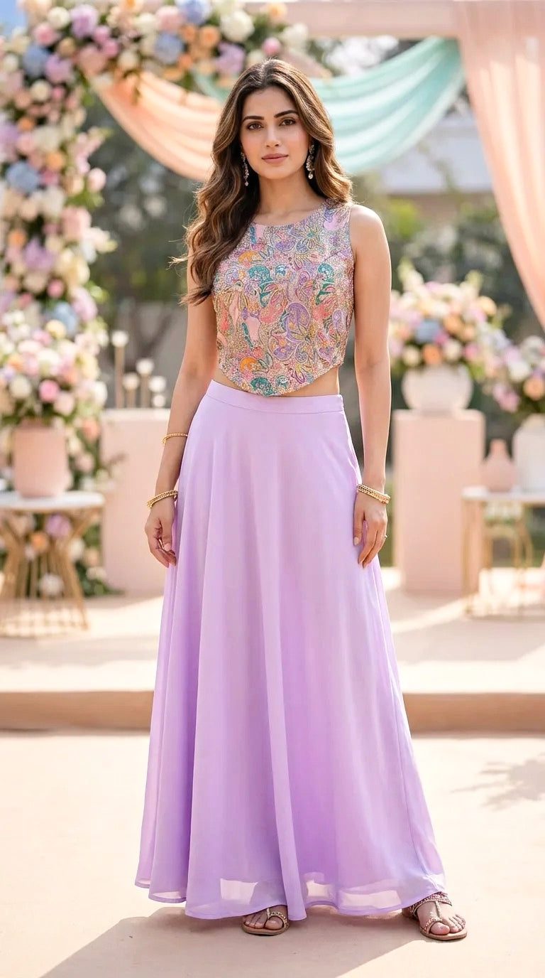 Woman in a lilac paisley embroidered corset blouse and skirt set, outdoor floral backdrop, Karchobi fashion