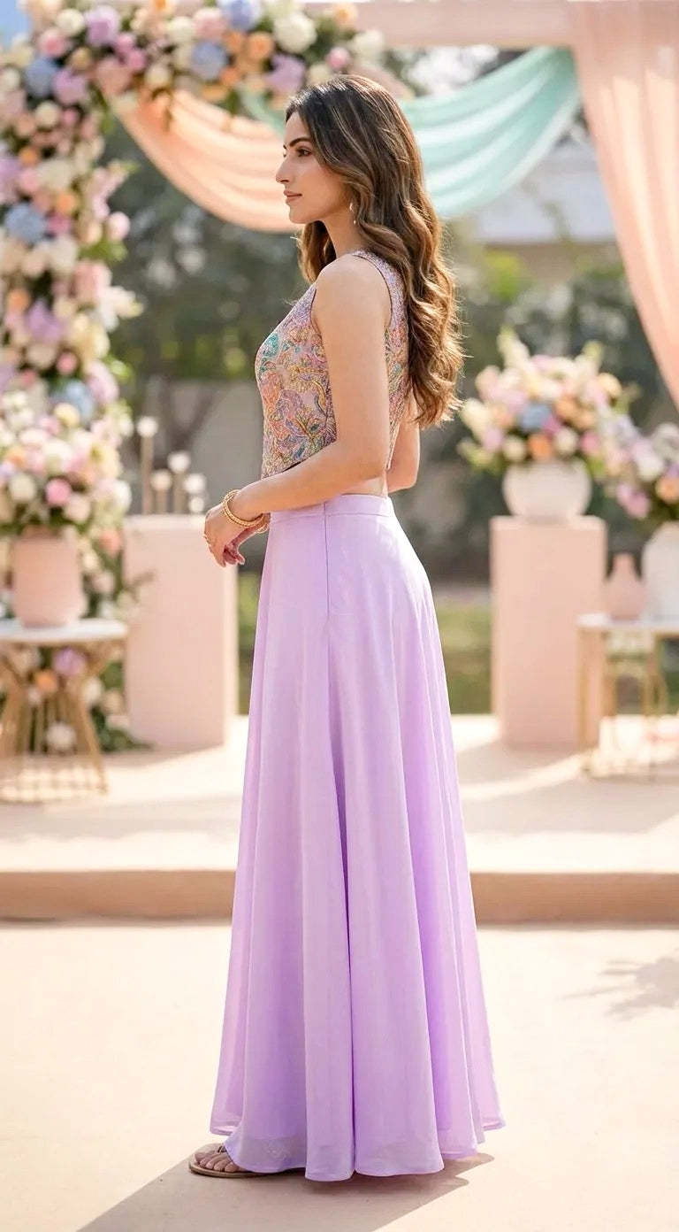 Woman in lilac paisley embroidery corset blouse and skirt set by Karchobi, outdoor floral setting