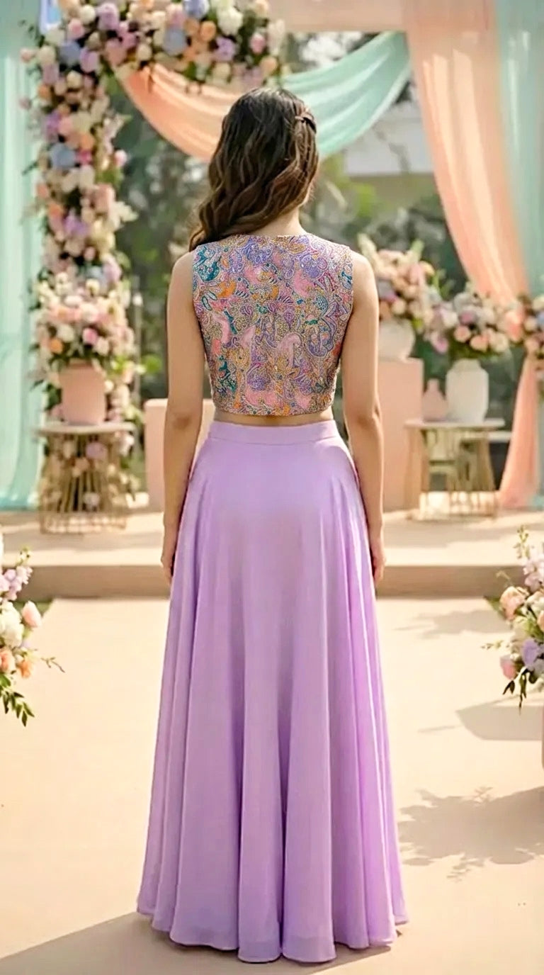 Woman in lilac paisley embroidered corset blouse and skirt set at floral outdoor event