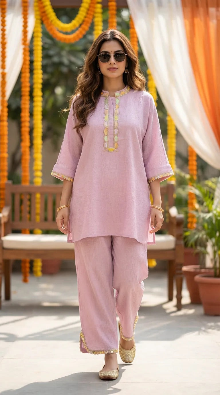 Woman wearing lilac textured pastel scalloped lace kaftan shirt and pant set by Karchobi